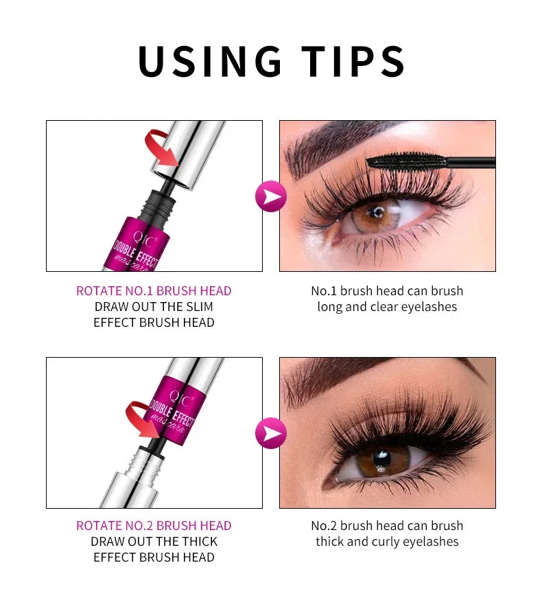 QIC Dual-Action 4D Waterproof Mascara for Long, Voluminous Lashes - 2-in-1 Black Formula with Dual Brush Heads