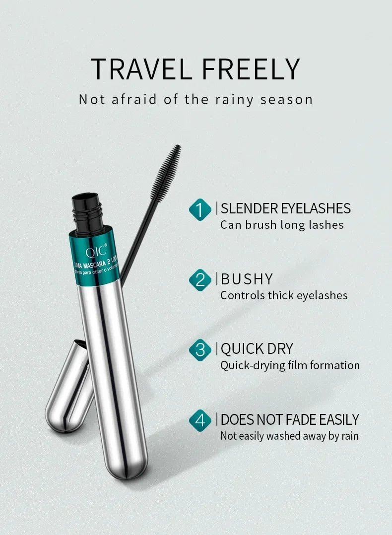 QIC Dual-Action 4D Waterproof Mascara for Long, Voluminous Lashes - 2-in-1 Black Formula with Dual Brush Heads
