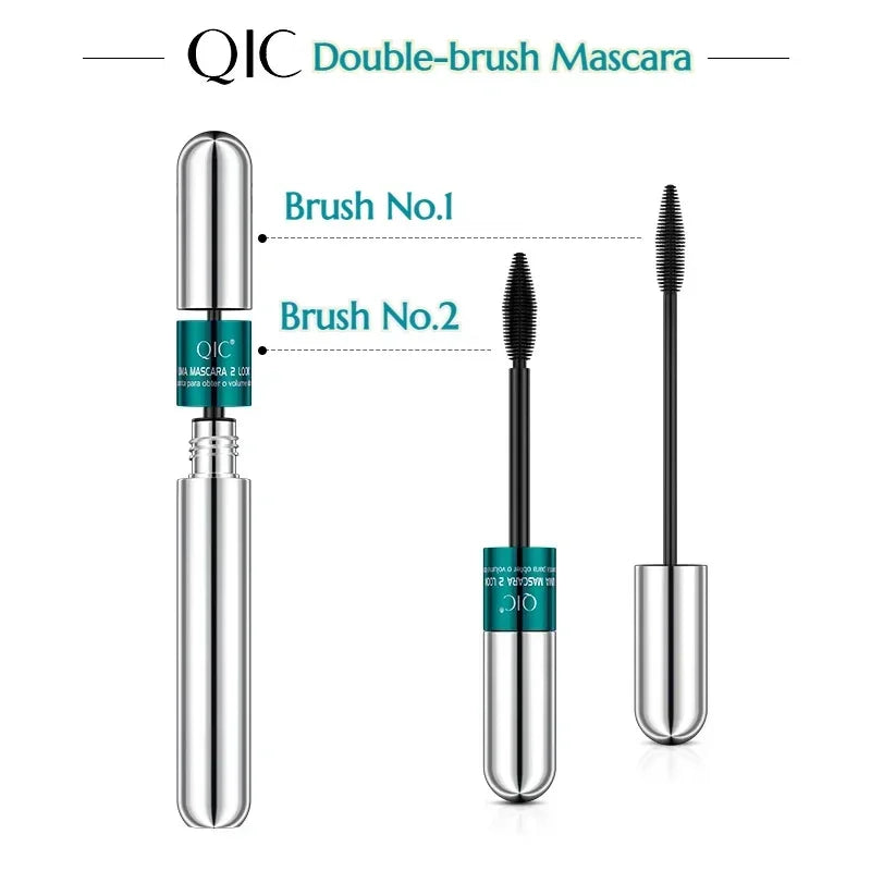 QIC Dual-Action 4D Waterproof Mascara for Long, Voluminous Lashes - 2-in-1 Black Formula with Dual Brush Heads